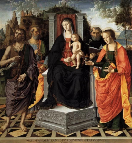 Madona ir kūdikėlis su šventaisiais. Marco Palmezzano, 1493.