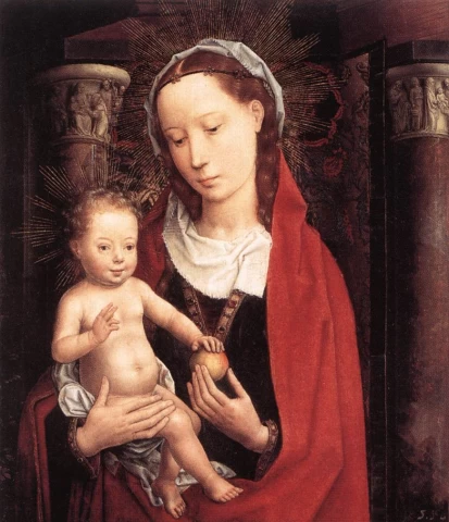 Stovinti Madona su kūdikėliu. Hans Memling, apie 1490.