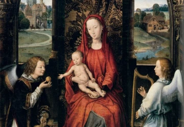 Madona soste su vaikeliu ir dviem angelais. Hans Memling, 1490-91.
