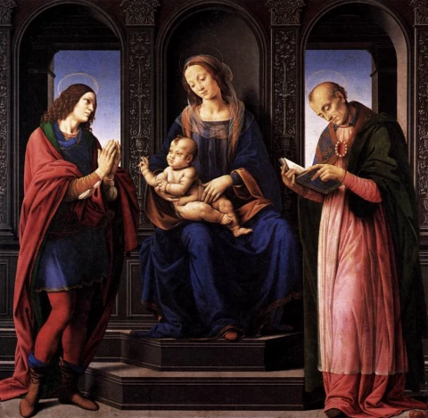 Mergelė ir kūdikėlis su šv. Julijonu ir šv. Mikalojumi iš Miros. Lorenzo di Credi, 1490-92.