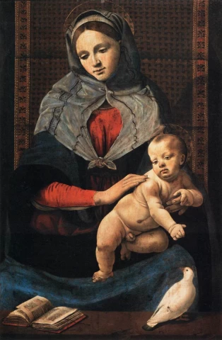 Mergelė ir kūdikėlis su balandžiu. Piero di Cosimo, apie 1490.