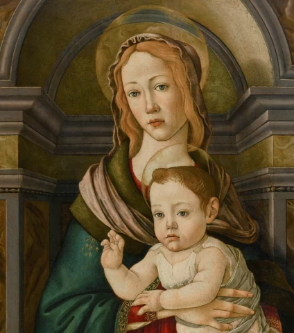 Mergelė ir kūdikėlis (detalė). Sandro Botticelli, 1490. Mergelė ir kūdikėlis (detalė). Sandro Botticelli, 1490.