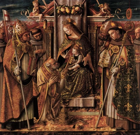 Mergelė ir kūdikėlis soste su šventaisiais. Carlo Crivelli, 1488.