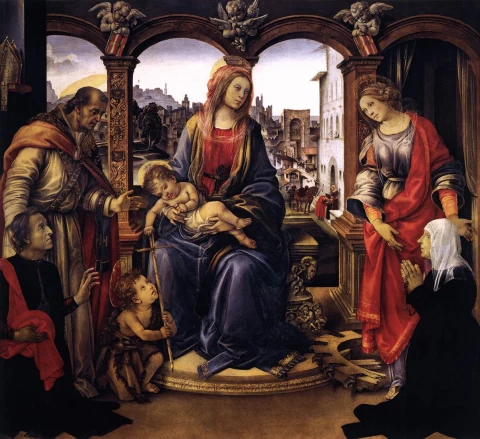 Madona su vaikeliu ir šventaisiais. Filippino Lippi, apie 1488.