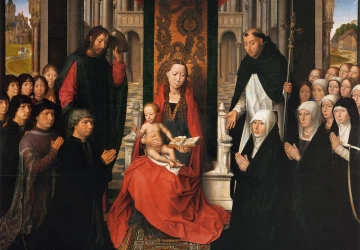 Mergelė ir kūdikėlis su šv. Jokūbu ir šv. Dominyku. Hans Memling, 1488-90.