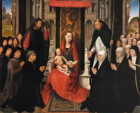 Mergelė ir kūdikėlis su šv. Jokūbu ir šv. Dominyku. Hans Memling, 1488-90.