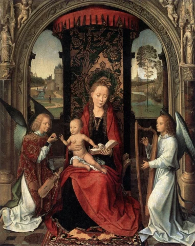 Madona ir kūdikėlis soste su angelais. Hans Memling, apie 1485.