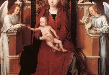 Mergelė ir kūdikėlis soste su dviem angelais. Hans Memling, 1485-90.