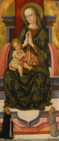 Madona ir kūdikėlis soste su šv. Vincentu Fereru ir šv. Bernardinu. Alemanno Pietro, 1480.