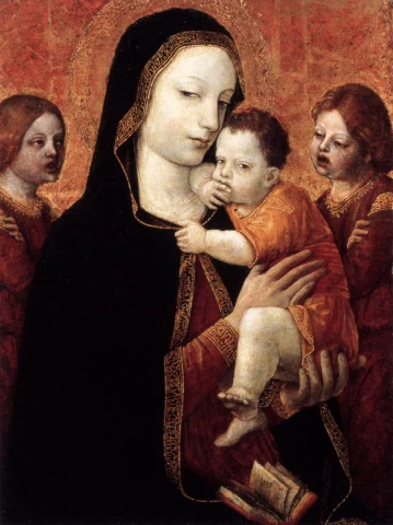 Mergelė ir kūdikėlis su dviem angelais. Ambrogio Bergognone, 1480-85.