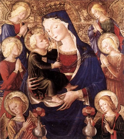 Mergelė ir kūdikėlis su angelais. Bartolomeo Caporali, 1477-79.