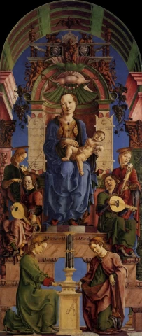 Madona su kūdikėliu soste (Roverelos poliptiko panelė). Cosmè Tura, 1474.