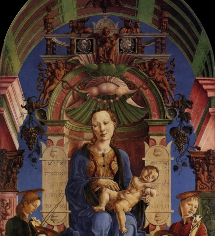Madona su kūdikėliu soste (detalė). Cosmè Tura, 1474.
