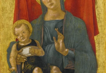 Madona ir kūdikėlis priešais raudoną užuolaidą. Bartolomeo Vivarini, 1472.