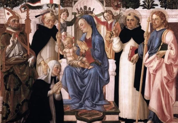 Mergelė ir kūdikėlis soste su penkiais šventaisiais ir dviem angelais. Biagio D&apos;Antonio, 1470-75.