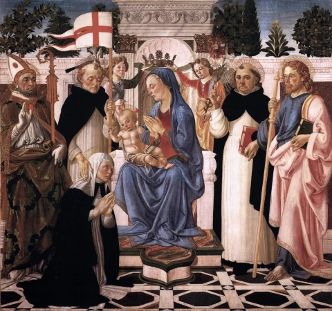 Mergelė ir kūdikėlis soste su penkiais šventaisiais ir dviem angelais. Biagio D&apos;Antonio, 1470-75.