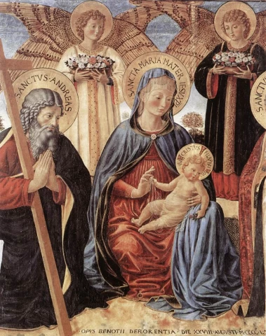 Madona ir kūdikėlis tarp šv. Pranciškaus ir šv. Prospero (detalė). Benozzo Gozzoli, 1466.