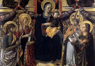 Madona ir kūdikėlis su angelais ir šventaisiais. Benozzo Gozzoli, 1466.