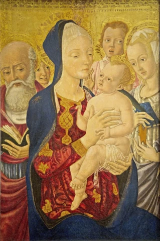 Madona ir kūdikėlis su šv. Jeronimu, šv. Kotryna Aleksandriete ir angelais. Matteo di Giovanni, 1465-70.