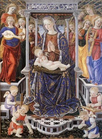 Madona ir kūdikėlis soste su muzikuojančiais angelais. Giovanni di Piermatteo Boccati, apie 1455.