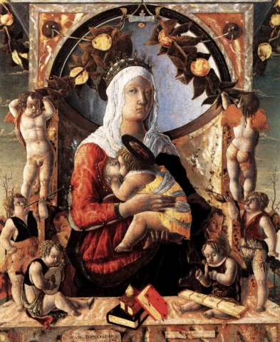 Madona ir kūdikėlis soste su angelais. Marco Zoppo, 1455.
