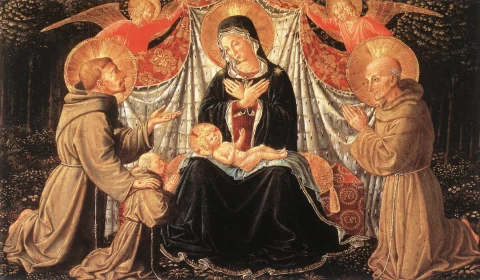 Madona ir kūdikėlis su šventaisiais Pranciškumi, Bernardinu ir Fra Jacopo. Benozzo Gozzoli, apie 1452.