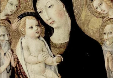 Madona ir kūdikėlis su šv. Antanu abatu ir šv. Bernardinu Sieniečiu. Sano di Pietro, apie 1450.
