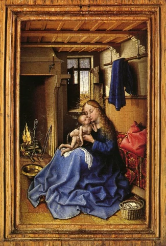 Mergelė ir kūdikėlis interjere. Flémalle meistras, apie 1435.