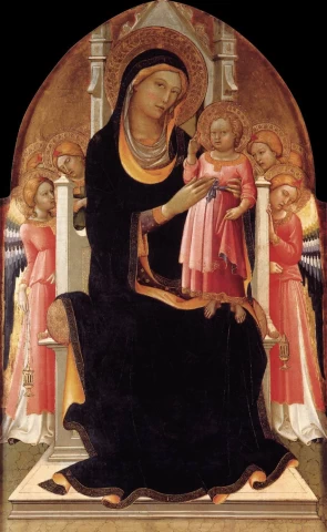 Mergelė ir kūdikėlis soste su šešiais angelais. Monaco Lorenzo, 1415-20.