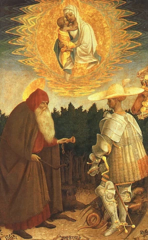 Mergelė ir kūdikėlis su šv. Jurgiu ir šv. Antanu abatu. Pisanello, XIV a. vidurys.