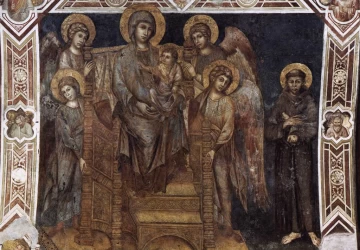 Madona soste su vaikeliu, šv. Pranciškumi ir keturiais angelais. Cimabue, 1278-80.