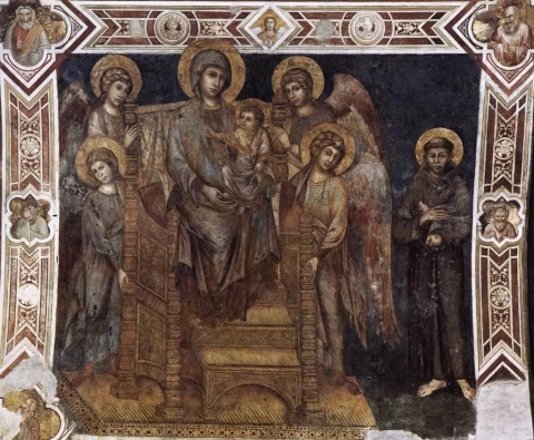 Madona soste su vaikeliu, šv. Pranciškumi ir keturiais angelais. Cimabue, 1278-80.