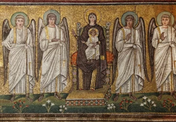 Mergelė ir kūdikėlis soste. Bizantijos mozaikų meistras, VI a..