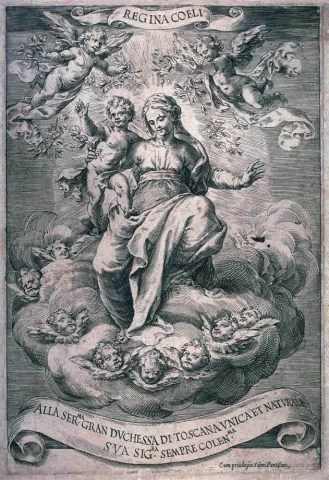 Madona ir kūdikėlis garbėje su angelais. Cherubino Alberti.