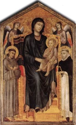 Madona soste su vaikeliu, šv. Pranciškumi, šv. Dominyku ir dviem angelais. Cimabue.
