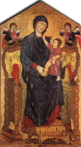 Madona soste su vaikeliu ir dviem angelais. Cimabue.