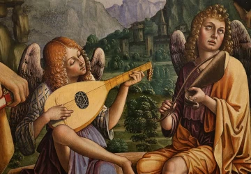 Mergelė ir kūdikėlis soste su &scaron;ventaisiais ir angelais (detalė). D'Alba Macrino.