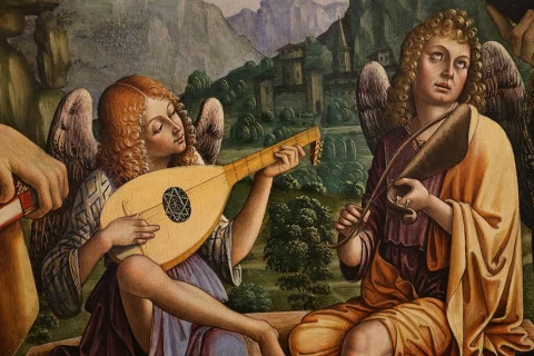Mergelė ir kūdikėlis soste su &scaron;ventaisiais ir angelais (detalė). D'Alba Macrino.