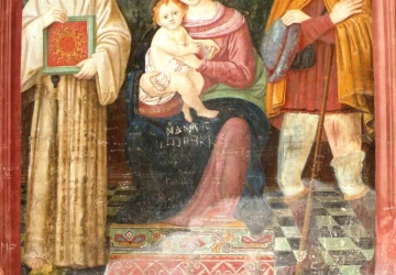 Mergelė ir kūdikėlis su šv. Bernardinu Sieniečiu ir šv. Roku. Fermo da Caravaggio Stella.