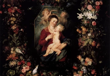 Mergelė ir kūdikėlis gėlių ir vaisių apsuptyje. Jan Brueghel vyresnysis.
