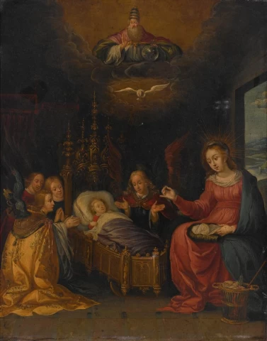 Madona ir kūdikėlis su Dievu Tėvu, Šventąja Dvasia ir garbinančiais angelais. Pieter Iii Lisaert.