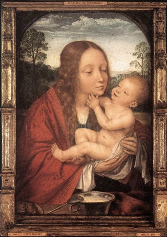 Mergelė ir kūdikėlis peizažo fone. Quentin Massys.