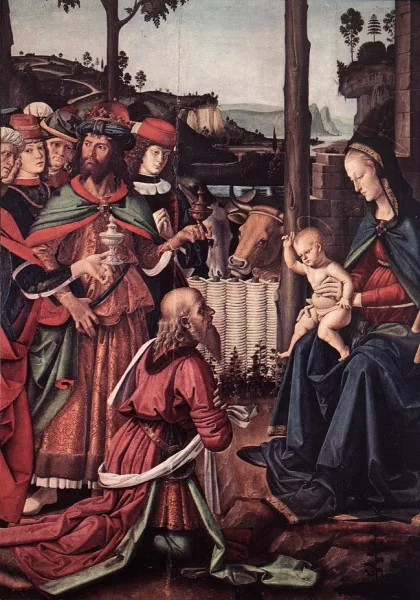 Išminčių pagarbinimas (detalė). Pietro Perugino, apie 1476. Išminčių pagarbinimas (detalė). Pietro Perugino, apie 1476.