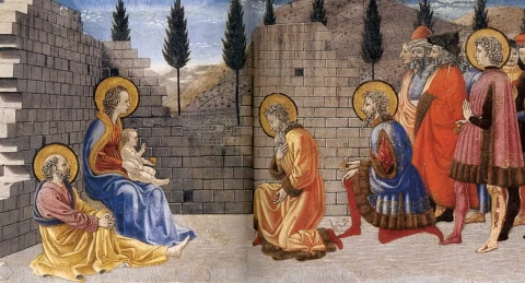 Viešpaties gimimas ir išminčių pagarbinimas (detalė). Giovanni di Francesco del Cervelliera, 1457-59.