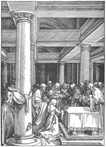Scenos iš Mergelės gyvenimo. Nr. 12. Paaukojimas šventykloje. Albrecht Dürer, 1505.