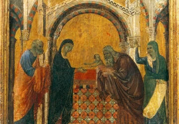 Paaukojimas šventykloje (4-a scena). Duccio di Buoninsegna, 1308-11.