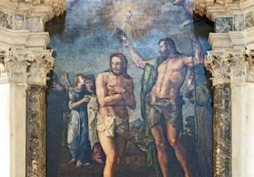 Kristaus krikštas tarp šv. Pranciškaus ir šv. Berdnardino Sieniečio. Battista Franco, apie 1555.