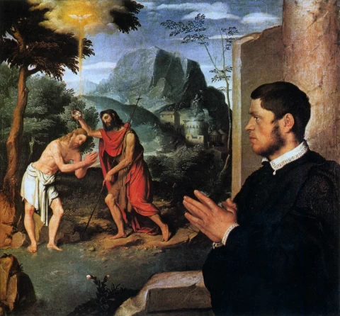 Kristaus krikštas su donoru. Giovanni Battista Moroni, 1550.