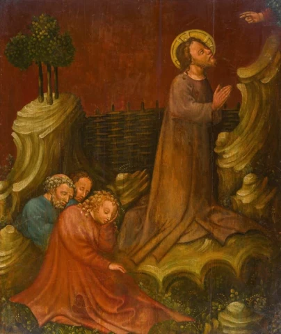 Kristus ant Alyvų Kalno (kita pusė). Šv. Lambrechto votyvinės panelės meistras, apie 1430.