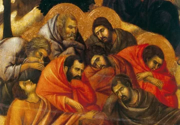 Agonija Alyvų Sode (detalė). Duccio di Buoninsegna, 1308-11.